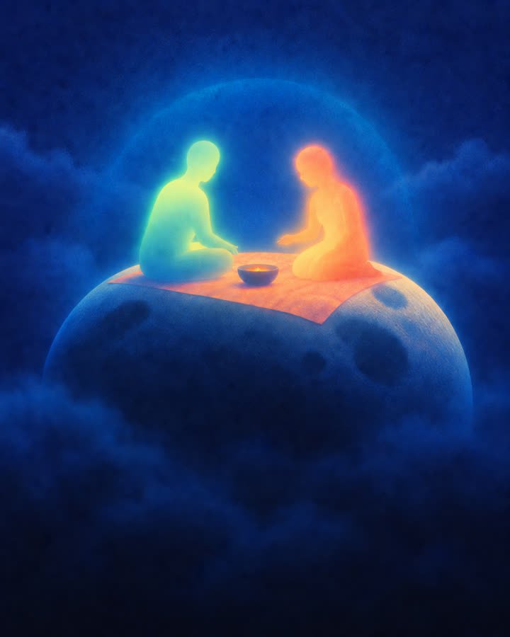 Ilustración: una familia sentada junta bajo un cielo estrellado
