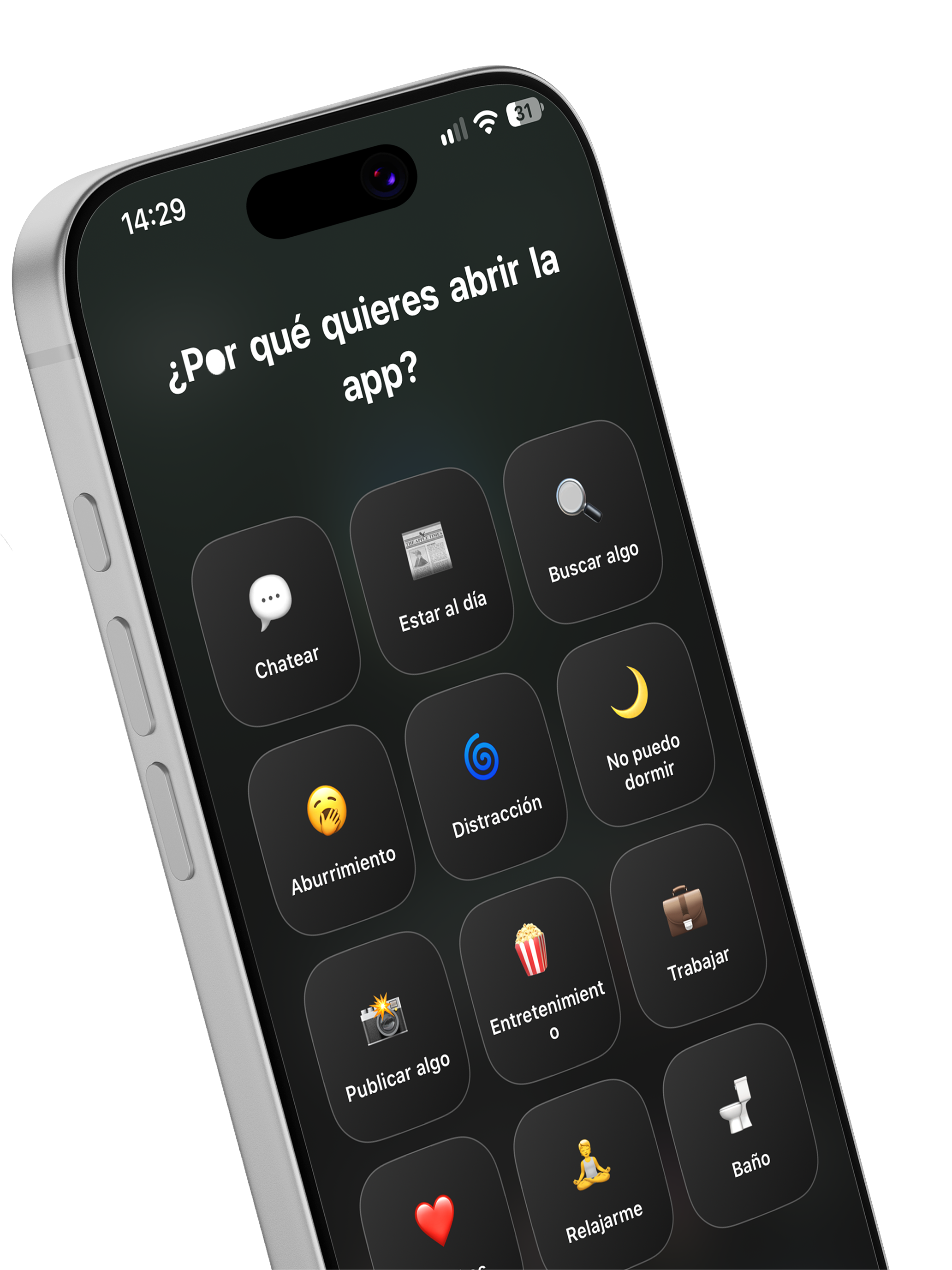 iPhone con Solta preguntando «¿Por qué quieres abrir la app?» y opciones como Chatear, Estar al día o Aburrimiento
